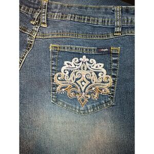 Vintage Low Rise Flare Leg Jeans Angels Y2K Size 9 Dark Wash Sequin Rhinestone